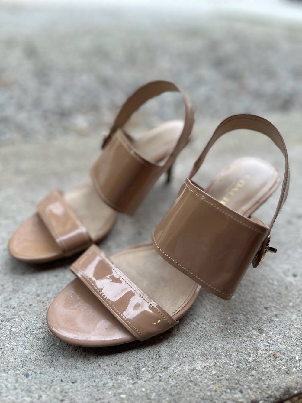 Coach Patent Leather Nude-Tan Wide Strap Slingback Sandals